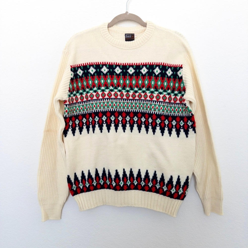 VTG Sears Mens Sweater Size L Cream Fair Isle‎ Nordic Knit 80s 90s Ski Holiday
